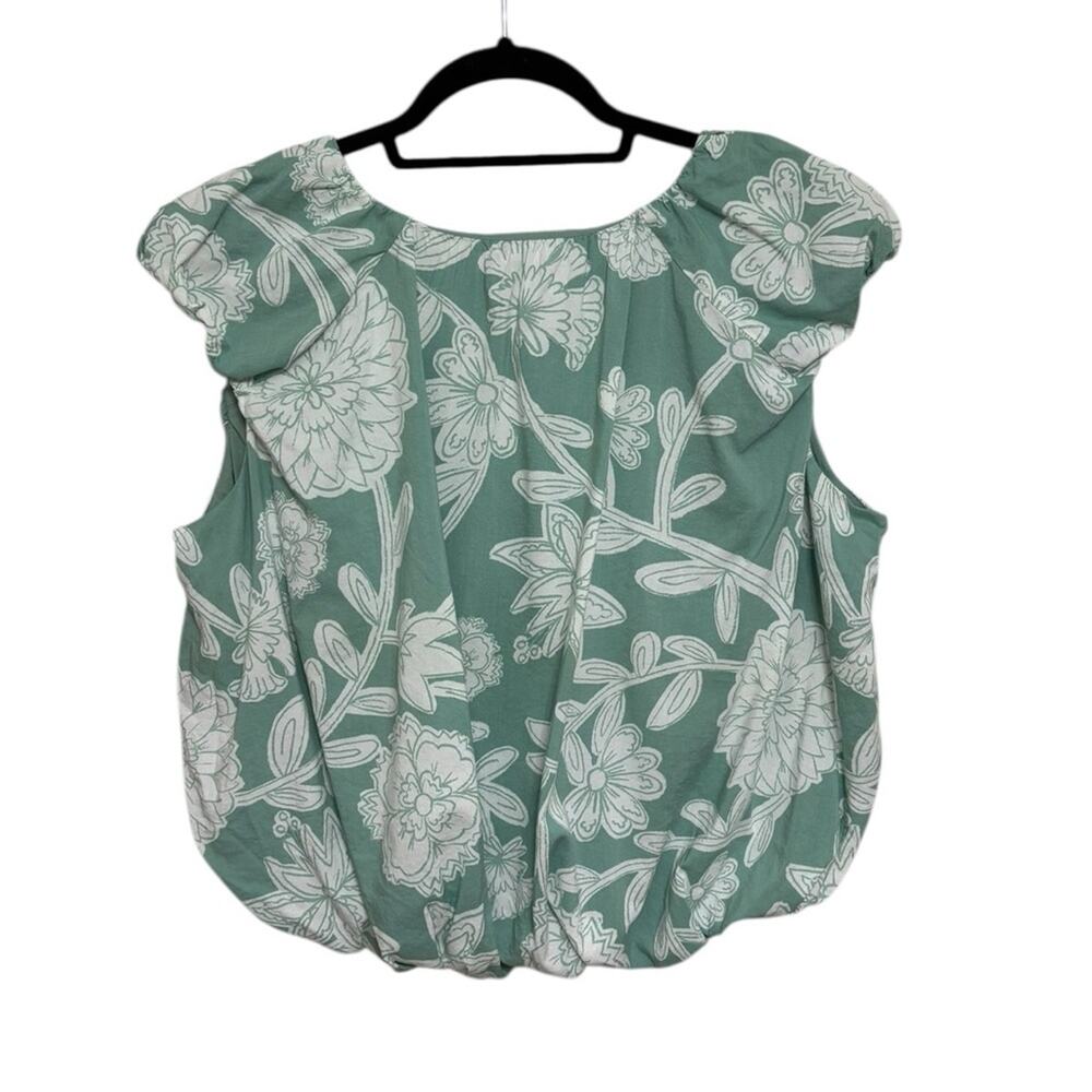 LOFT Floral V-Neck Bubble Hem Top in Mint Lake - Size L - Picture 3 of 6